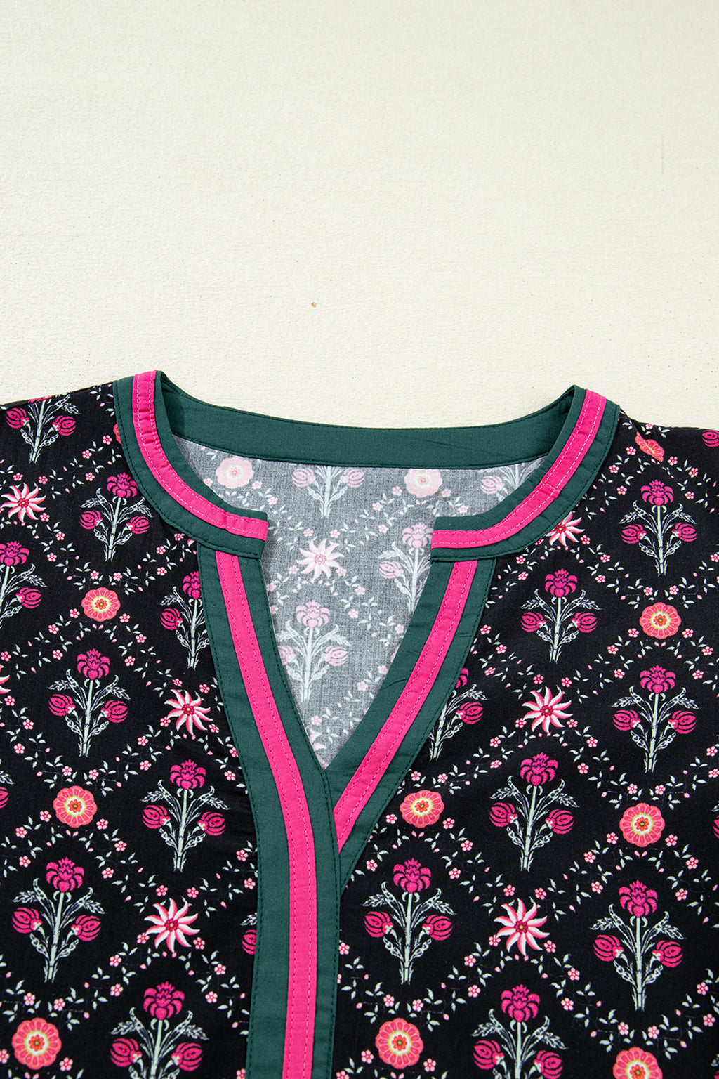 Black Contrast V Neck Bracelet Sleeve Floral Blouse