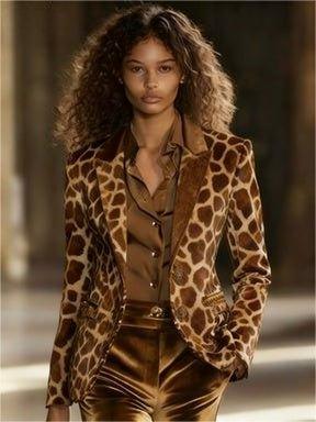 Fitted Vintage Velvet Print Blazer Brown Giraffe Bazaare Mart Velvet Animal Print Blazer