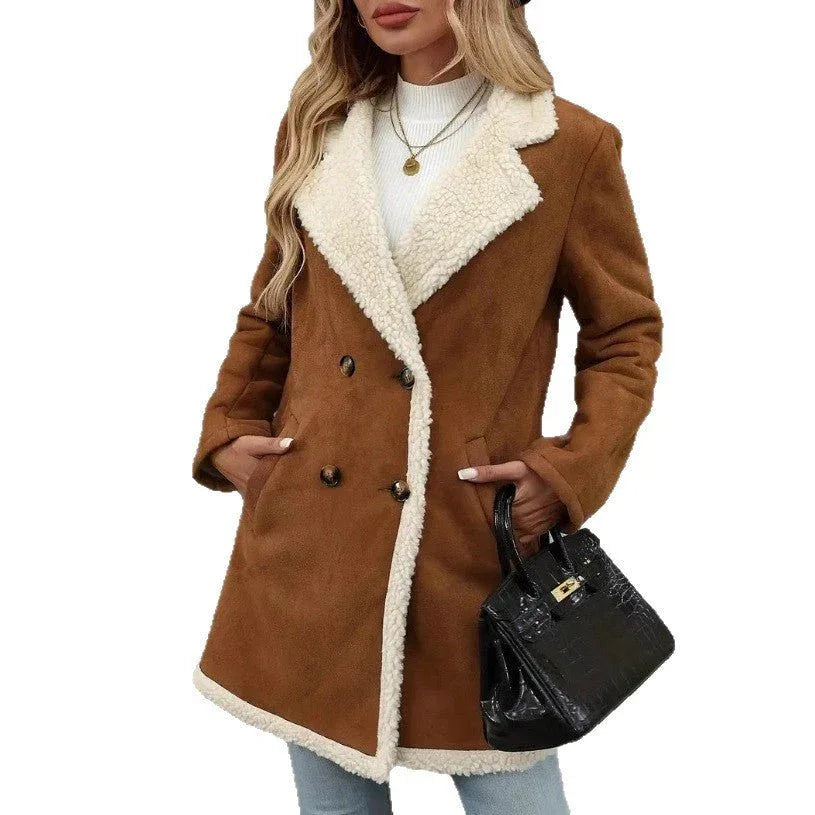 Fleece-lined Mid-length PU Suede Coat Bazaare Mart Faux Suede Fleece Double Breast Coat