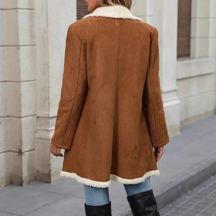 Fleece-lined Mid-length PU Suede Coat Bazaare Mart Faux Suede Fleece Double Breast Coat
