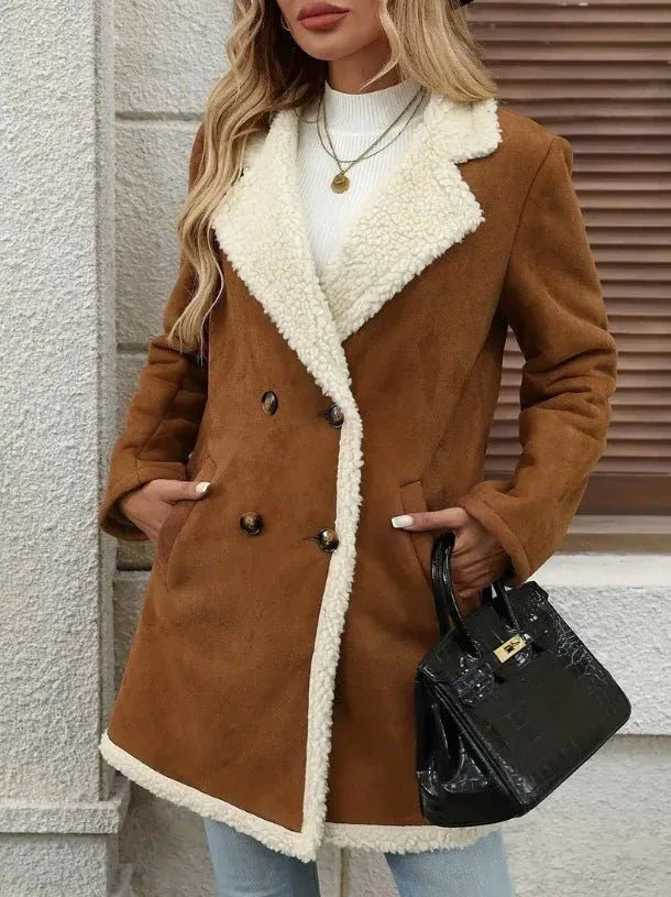 Fleece-lined Mid-length PU Suede Coat Light Brown Bazaare Mart Faux Suede Fleece Double Breast Coat