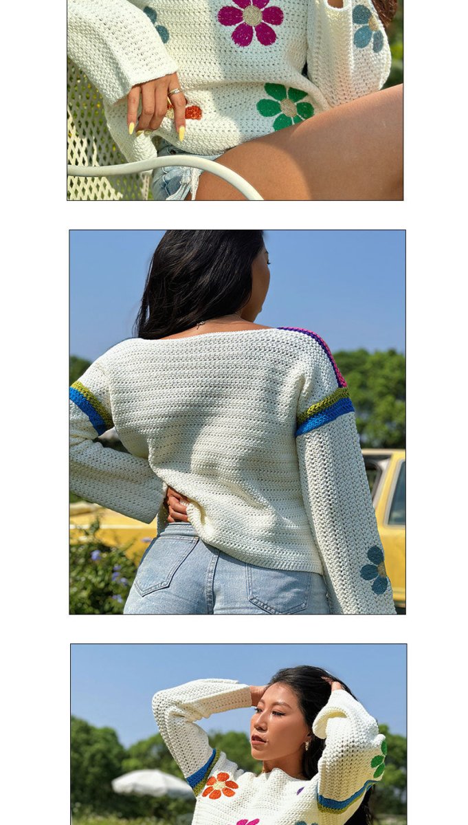 Floral Boatneck Loose Knit Sweater - Bazaare Mart