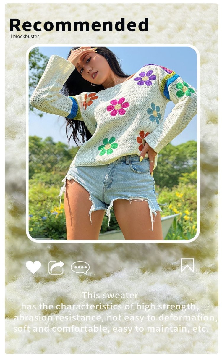 Floral Boatneck Loose Knit Sweater - Bazaare Mart