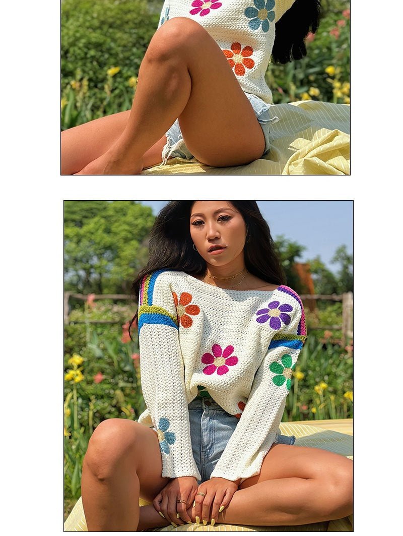 Floral Boatneck Loose Knit Sweater - Bazaare Mart