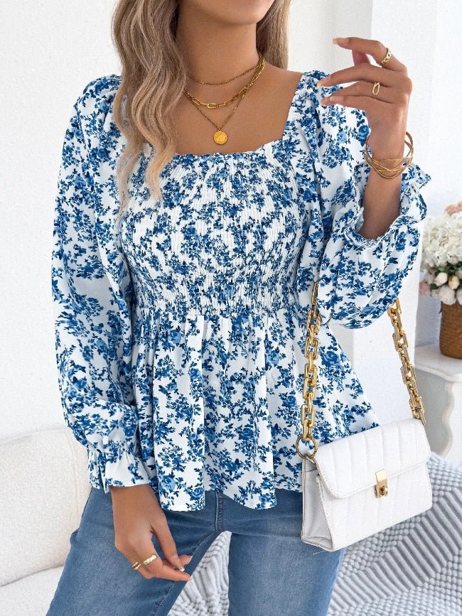 Floral Long Sleeve Peasant Top - Bazaare Mart