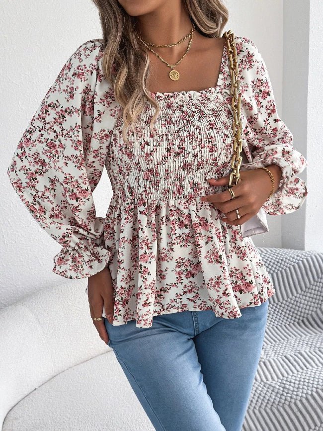 Floral Long Sleeve Peasant Top - Bazaare Mart