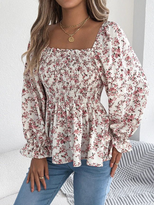 Floral Long Sleeve Peasant Top - Bazaare Mart
