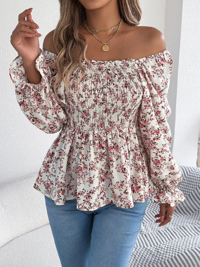 Floral Long Sleeve Peasant Top - Bazaare Mart