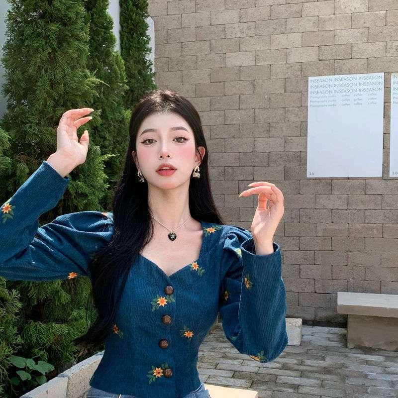 Flower Embroidered Corduroy Juliet Blouse Bazaare Mart Turquoise Corduroy Blouse