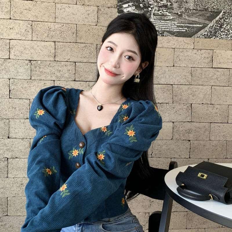 Flower Embroidered Corduroy Juliet Blouse Bazaare Mart Turquoise Corduroy Blouse