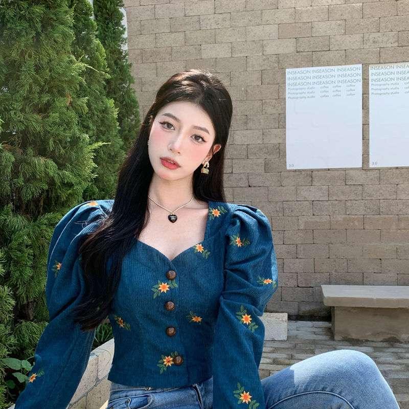 Flower Embroidered Corduroy Juliet Blouse Bazaare Mart Turquoise Corduroy Blouse