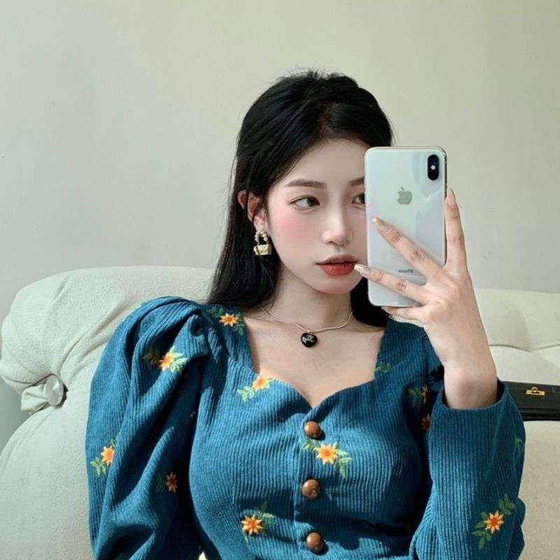 Flower Embroidered Corduroy Juliet Blouse Blue Bazaare Mart Turquoise Corduroy Blouse