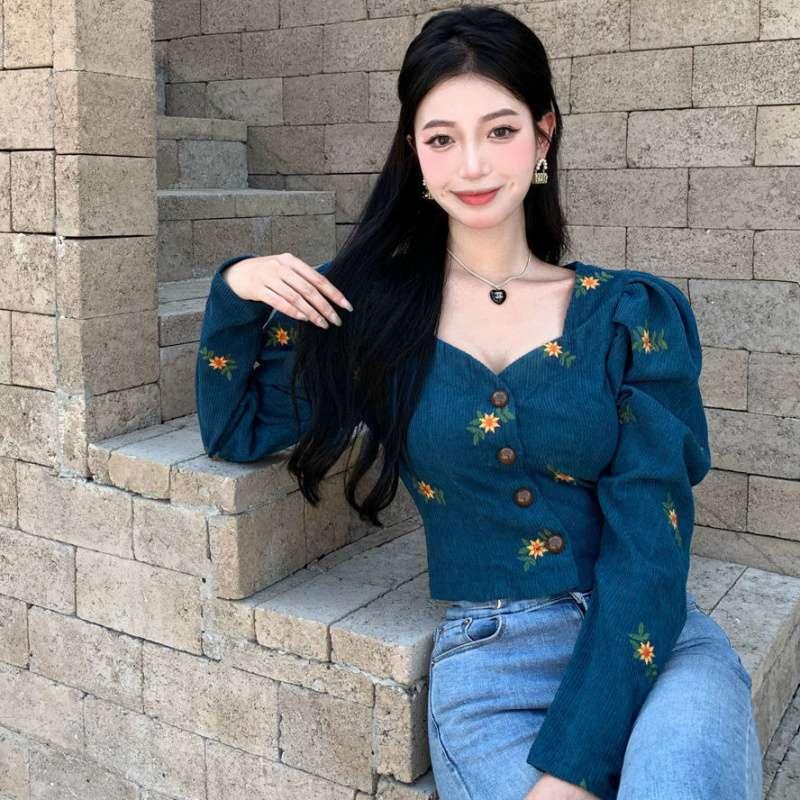 Flower Embroidered Corduroy Juliet Blouse Bazaare Mart Turquoise Corduroy Blouse
