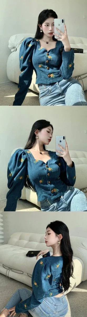 Flower Embroidered Corduroy Juliet Blouse Bazaare Mart Turquoise Corduroy Blouse