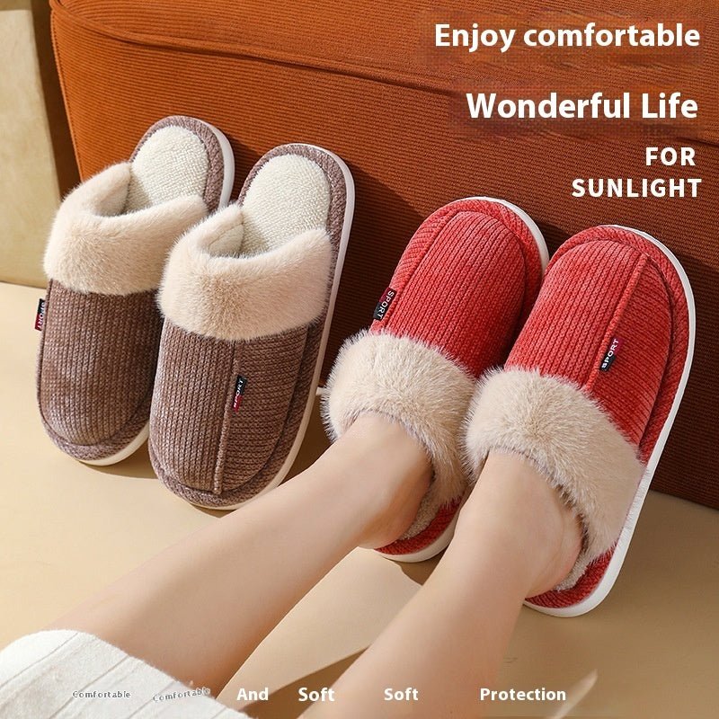 Fur Mouth Corduroy Non - slip Closed Toe Slippers - Bazaare Mart