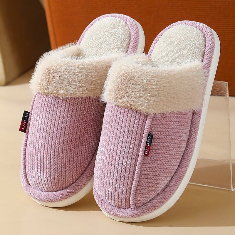 Fur Mouth Corduroy Non - slip Closed Toe Slippers - Bazaare Mart
