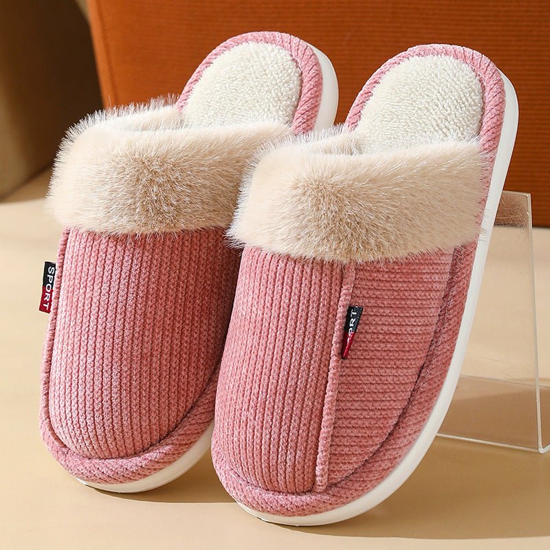 Fur Mouth Corduroy Non - slip Closed Toe Slippers - Bazaare Mart