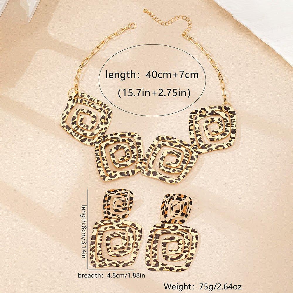 Geometric Trend Circle Spiral Texture Leopard Print Stud Earrings Necklace Suit - Bazaare Mart