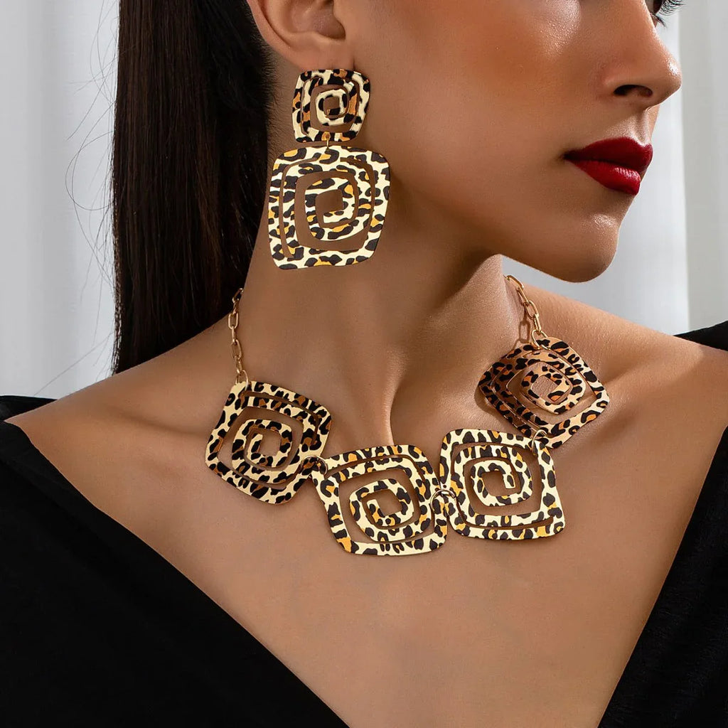 Geometric Trend Circle Spiral Texture Leopard Print Stud Earrings Necklace Suit - Bazaare Mart