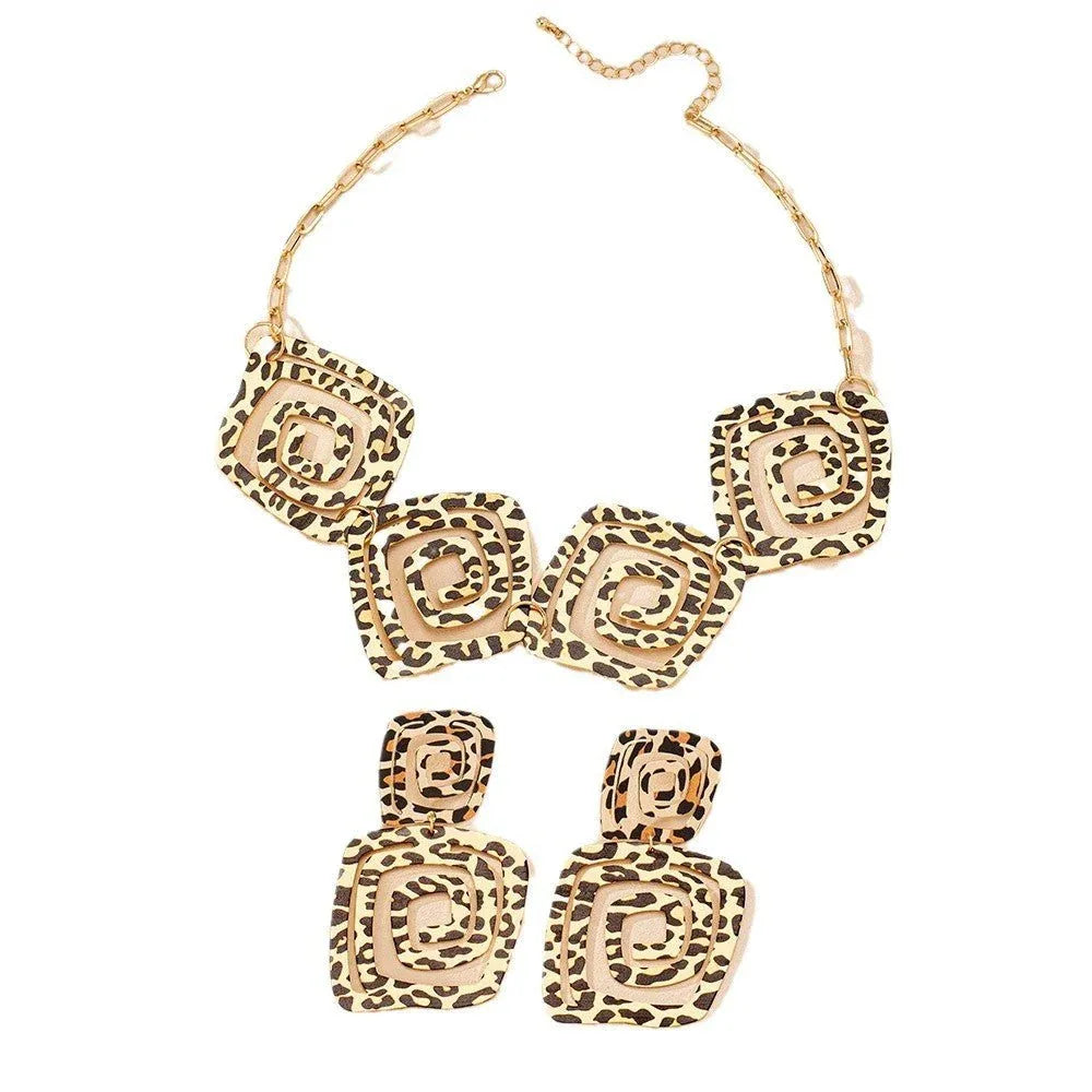 Geometric Trend Circle Spiral Texture Leopard Print Stud Earrings Necklace Suit - Bazaare Mart