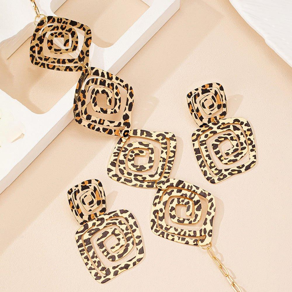 Geometric Trend Circle Spiral Texture Leopard Print Stud Earrings Necklace Suit - Bazaare Mart
