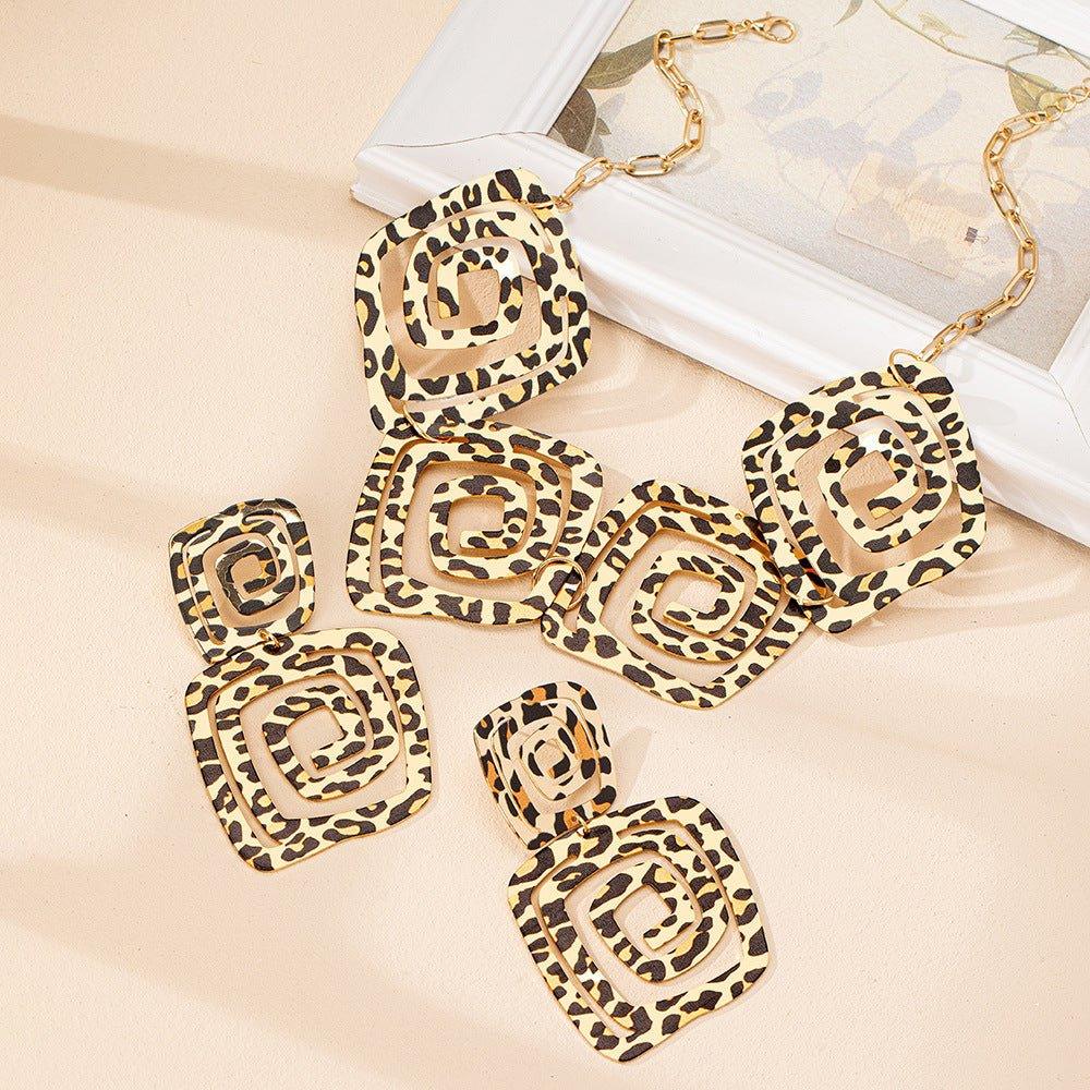 Geometric Trend Circle Spiral Texture Leopard Print Stud Earrings Necklace Suit - Bazaare Mart