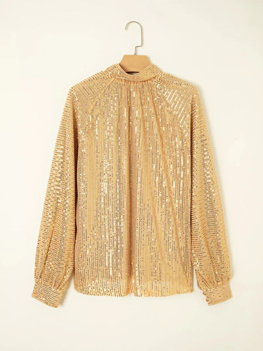 Gold Metallic Long Puff Sleeve High Neck Blouse Bazaare Mart Metallic Long Sleeve High Neck Blouse