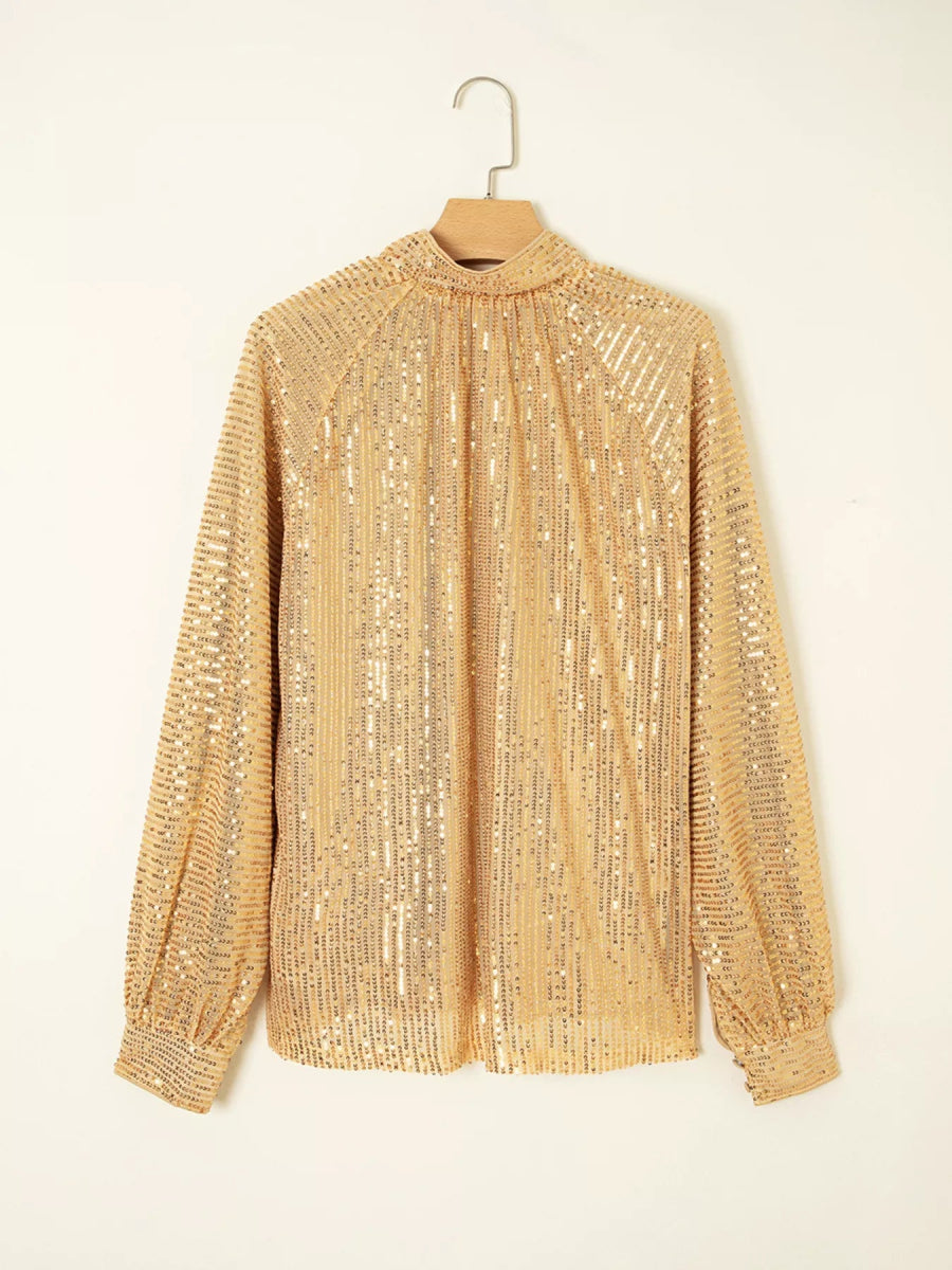Gold Metallic Long Puff Sleeve High Neck Blouse - Bazaare Mart