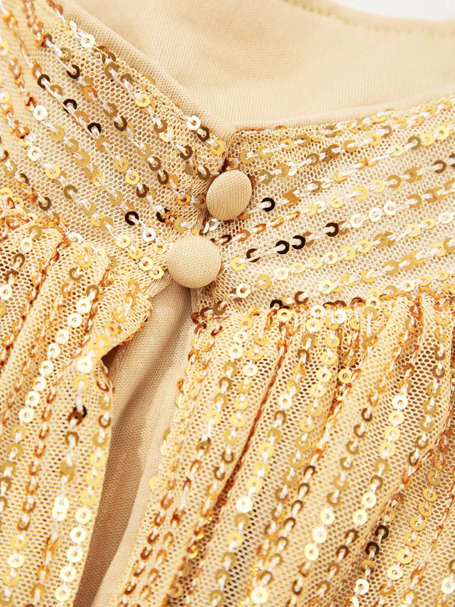 Gold Metallic Long Puff Sleeve High Neck Blouse - Bazaare Mart