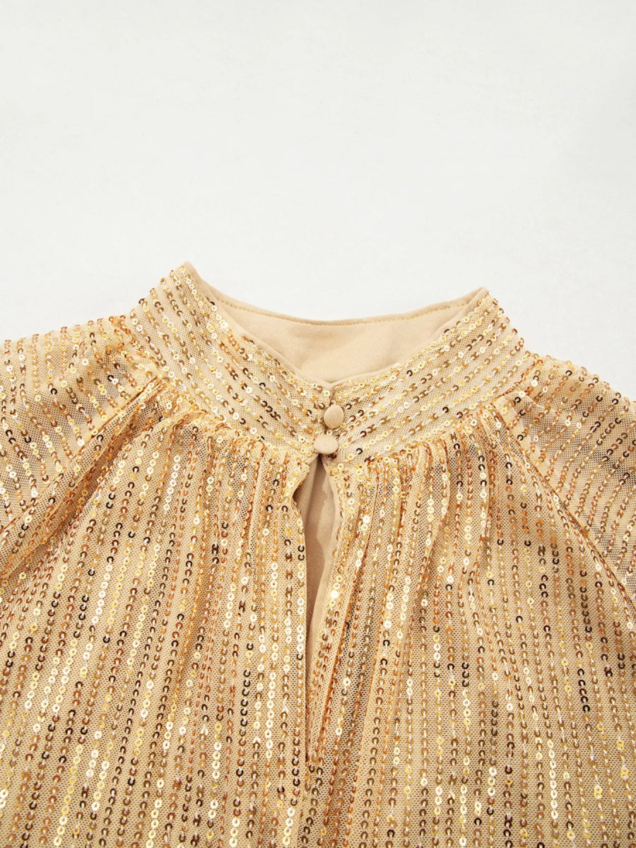 Gold Metallic Long Puff Sleeve High Neck Blouse - Bazaare Mart