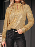 Gold Metallic Long Puff Sleeve High Neck Blouse Gold Bazaare Mart Metallic Long Sleeve High Neck Blouse