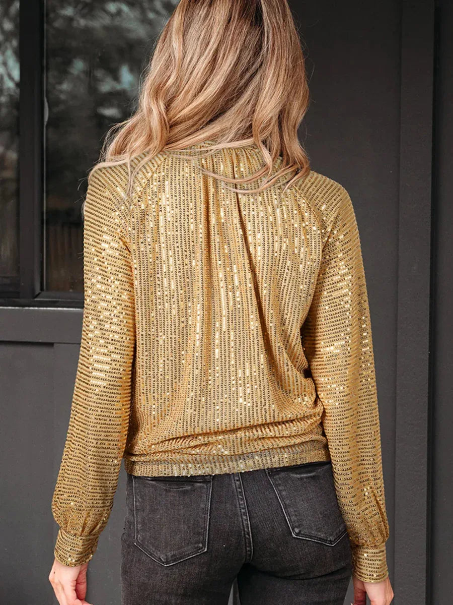 Gold Metallic Long Puff Sleeve High Neck Blouse Bazaare Mart Metallic Long Sleeve High Neck Blouse