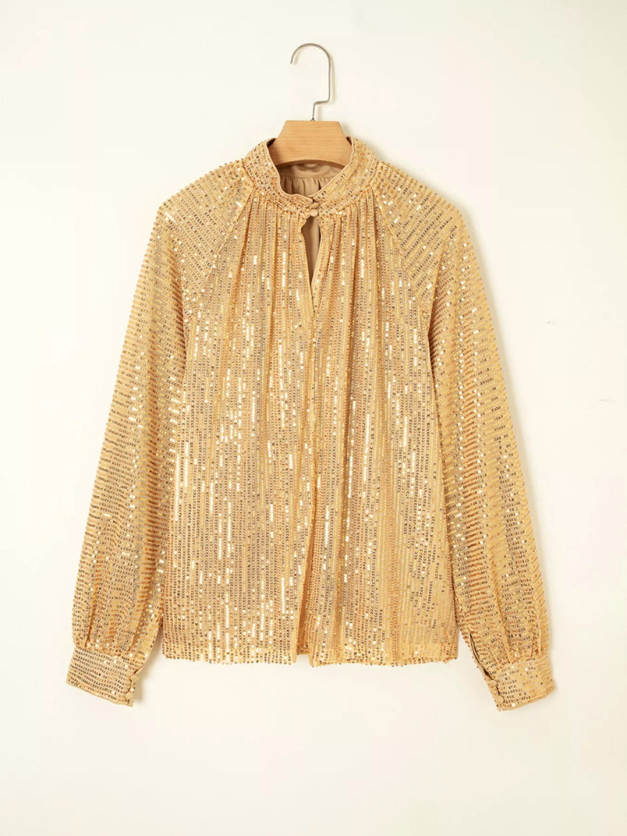 Gold Metallic Long Puff Sleeve High Neck Blouse - Bazaare Mart