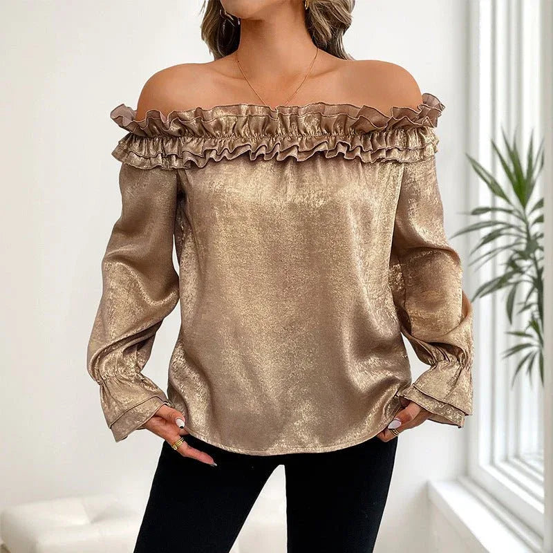 Gold Off-shoulder Ruffled Long Sleeve Blouse Gold Bazaare Mart Gold Off Shoulder Long Sleeve Ruffled Bl