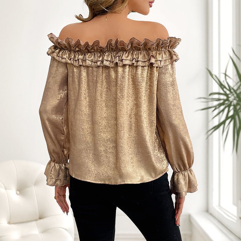 Gold Off - shoulder Ruffled Long Sleeve Blouse - Bazaare Mart