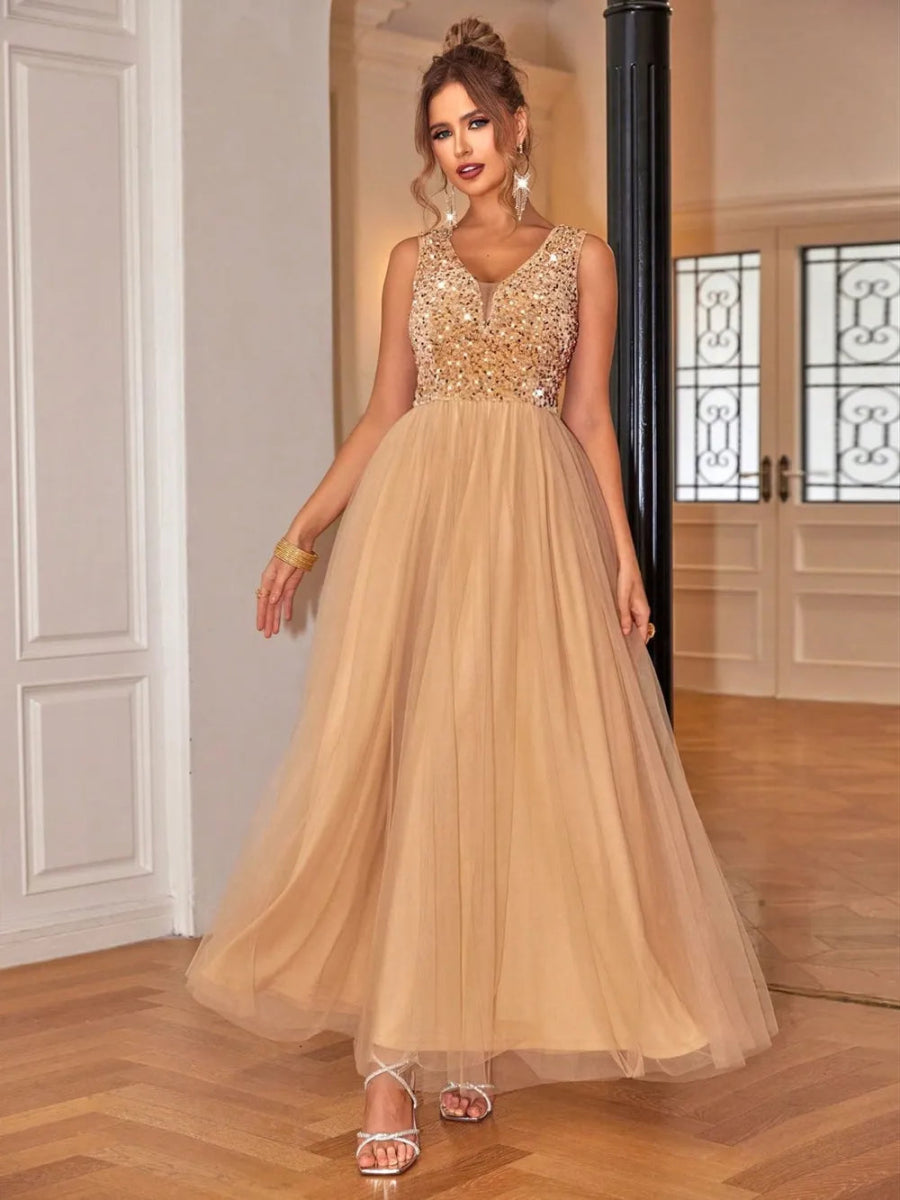 Gold Sequin V - Neck Sleeveless Evening Gown - Bazaare Mart