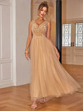 Gold Sequin V-Neck Sleeveless Evening Gown Tan Bazaare Mart Sequin V-Neck Sleeveless Gown