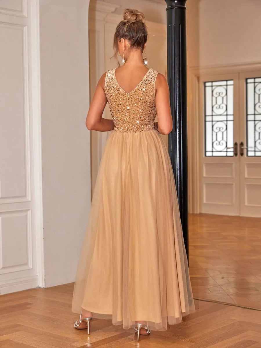Gold Sequin V - Neck Sleeveless Evening Gown - Bazaare Mart