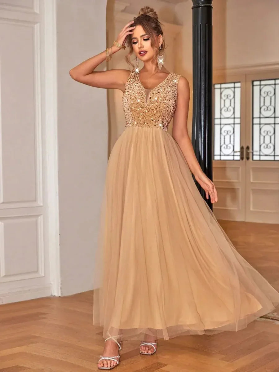 Gold Sequin V-Neck Sleeveless Evening Gown Bazaare Mart Sequin V-Neck Sleeveless Gown