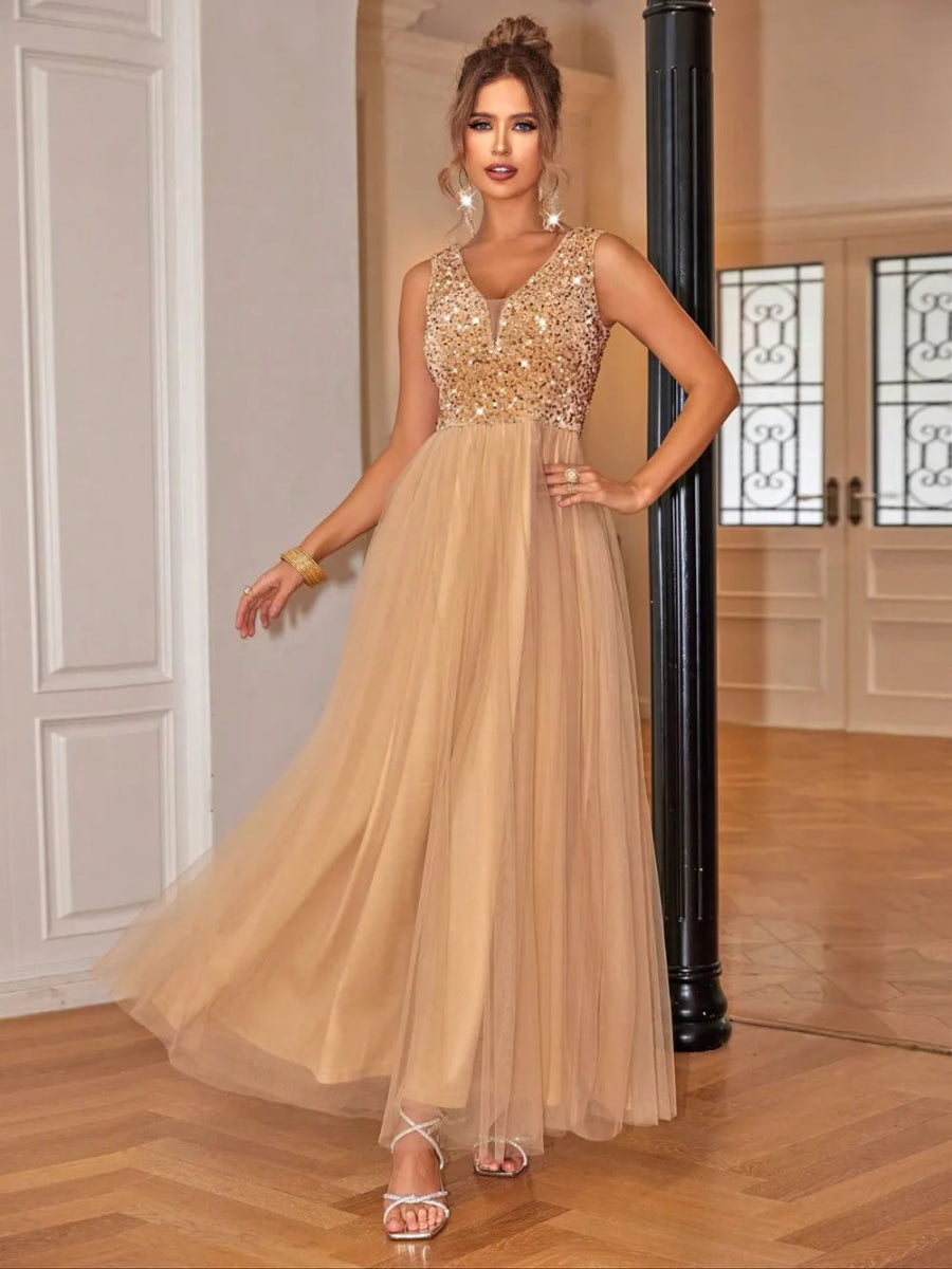 Gold Sequin V - Neck Sleeveless Evening Gown - Bazaare Mart