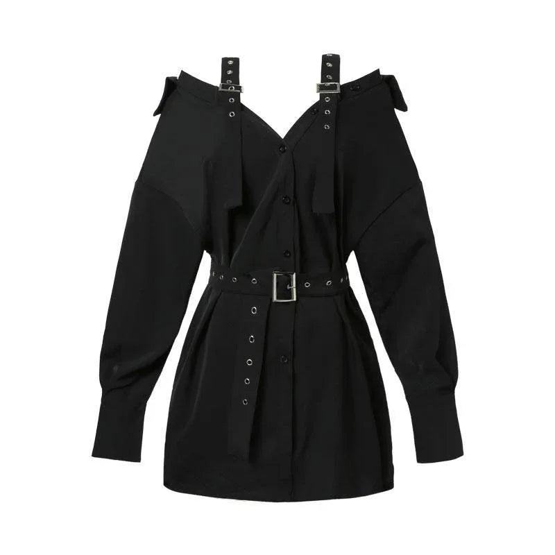 Gothic Belted Off Shoulder Mini Shirt Dress Black Bazaare Mart Black Gothic Long Sleeve Mini Dress