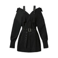 Gothic Belted Off Shoulder Mini Shirt Dress Black Bazaare Mart Black Gothic Long Sleeve Mini Dress