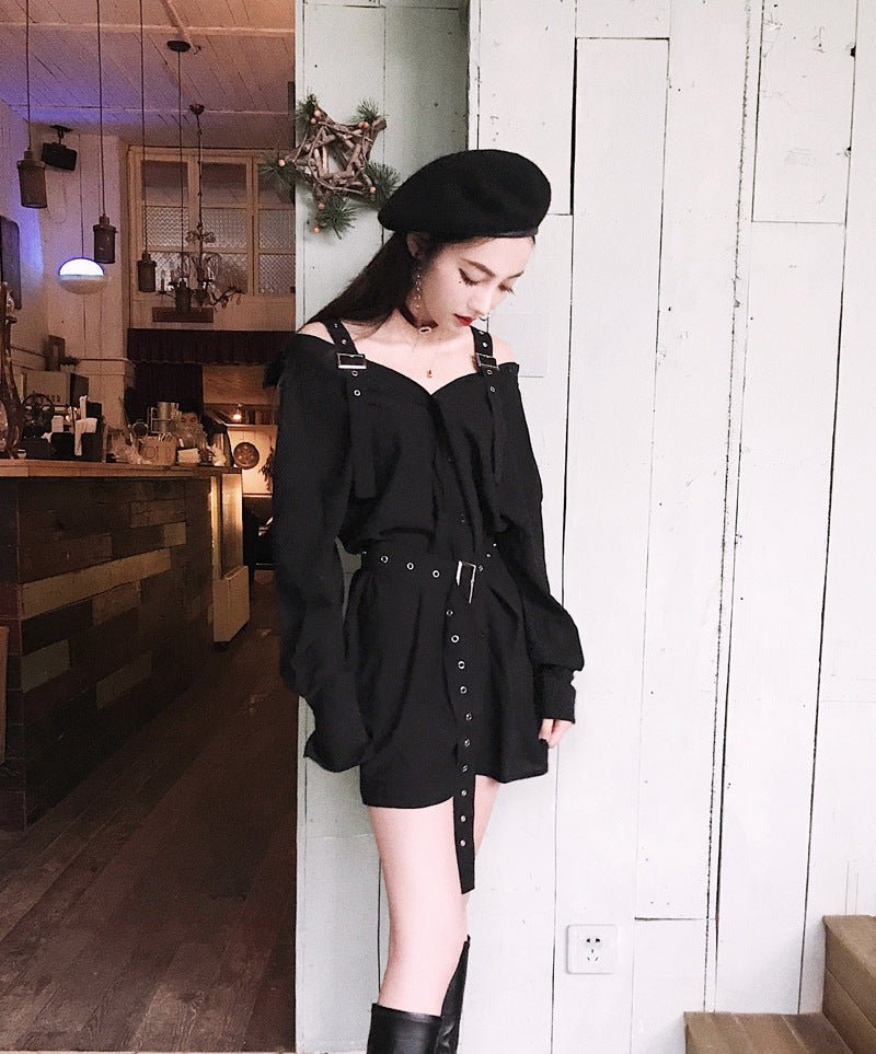 Gothic Belted Off Shoulder Mini Shirt Dress - Bazaare Mart