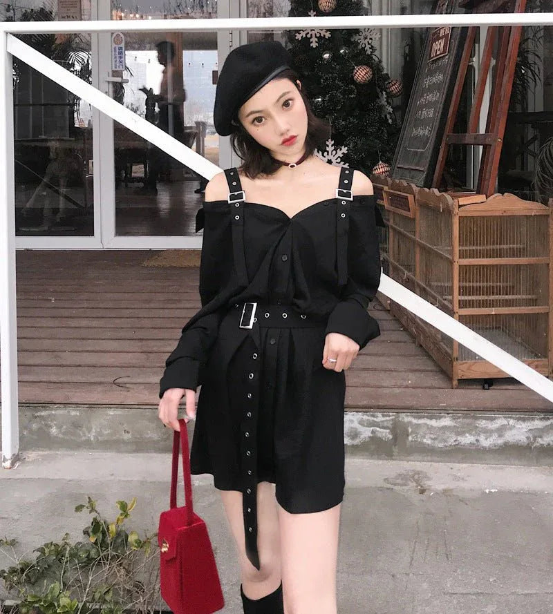Gothic Belted Off Shoulder Mini Shirt Dress Bazaare Mart Black Gothic Long Sleeve Mini Dress