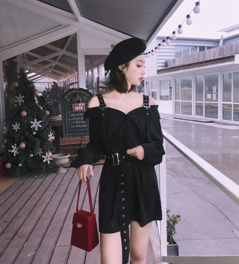 Gothic Belted Off Shoulder Mini Shirt Dress Bazaare Mart Black Gothic Long Sleeve Mini Dress