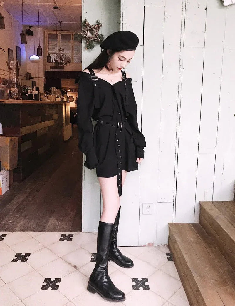 Gothic Belted Off Shoulder Mini Shirt Dress Bazaare Mart Black Gothic Long Sleeve Mini Dress