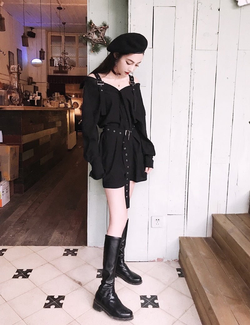 Gothic Belted Off Shoulder Mini Shirt Dress - Bazaare Mart