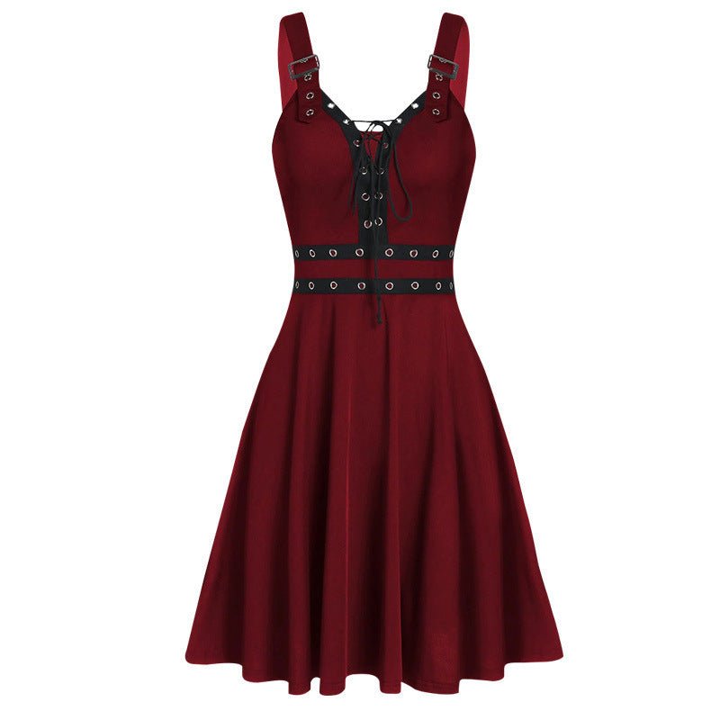 Gothic Punk Style Stitched Strap Dress - Bazaare Mart