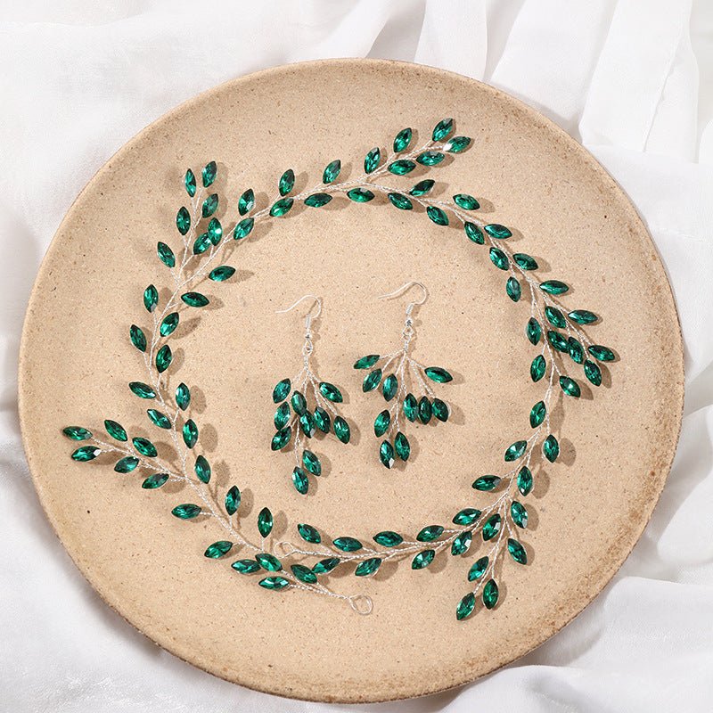 Green Crystal Leaf Crown and Earrings - Bazaare Mart