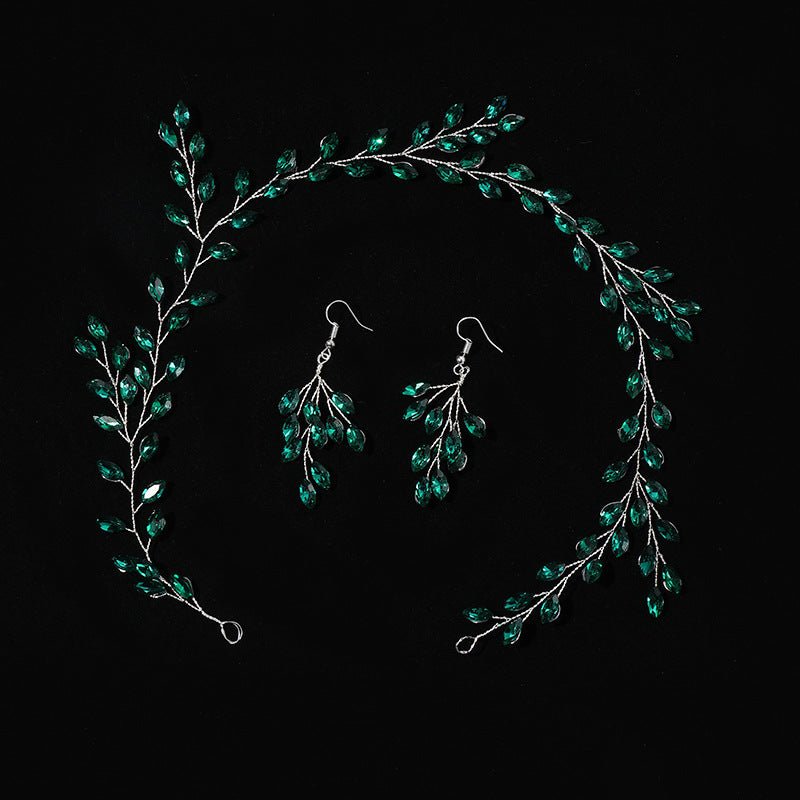 Green Crystal Leaf Crown and Earrings - Bazaare Mart